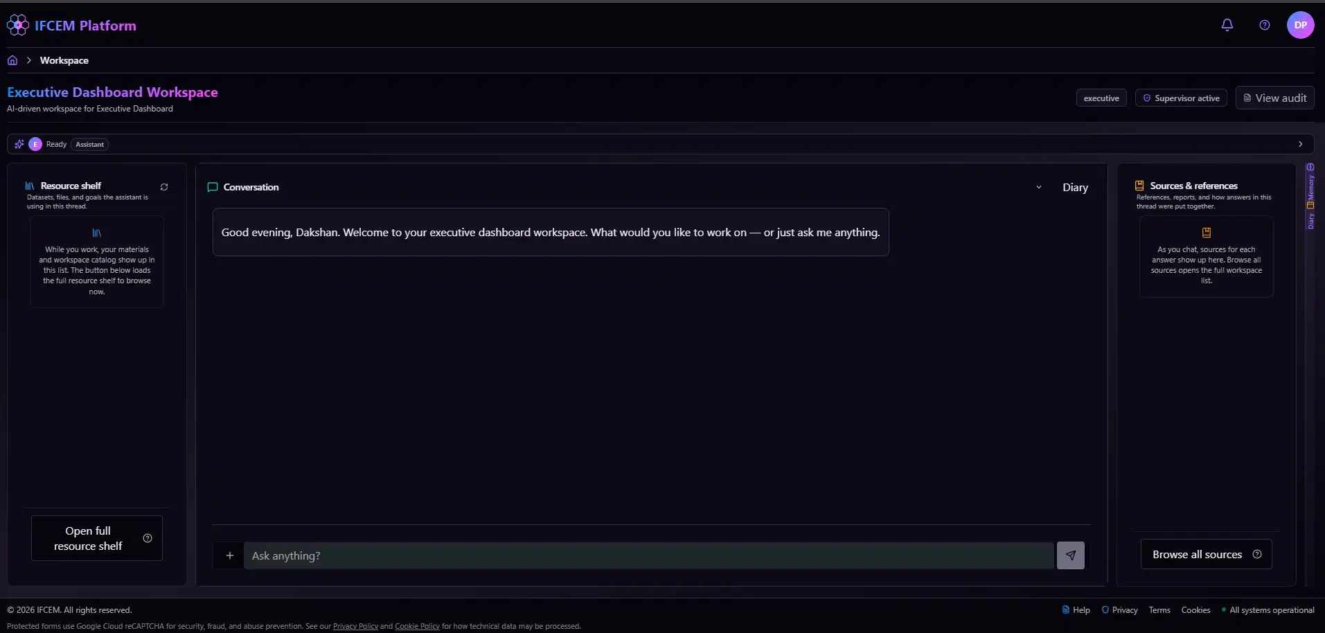 ifCEM workspace showing a clean conversational starting point with a minimal interface for asking a question.